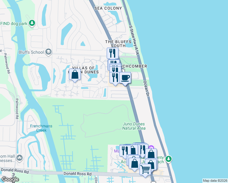 map of restaurants, bars, coffee shops, grocery stores, and more near 138 Ocean Breeze Drive in Juno Beach