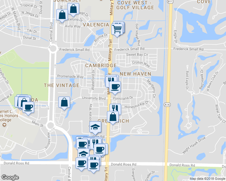 map of restaurants, bars, coffee shops, grocery stores, and more near 4575 Military Trail in Jupiter