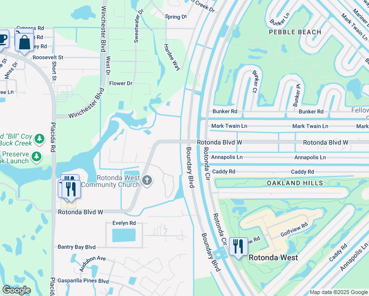 map of restaurants, bars, coffee shops, grocery stores, and more near 195 Boundary Boulevard in Rotonda West