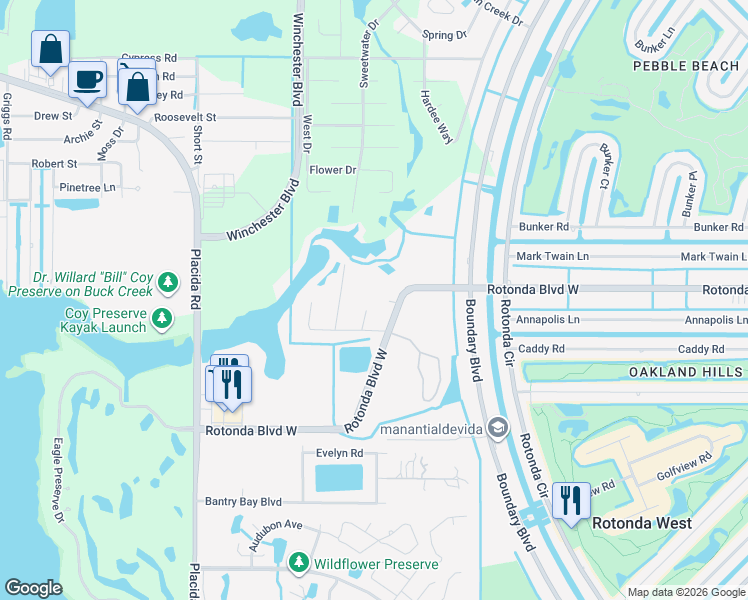 map of restaurants, bars, coffee shops, grocery stores, and more near 101 Natures Way in Rotonda West
