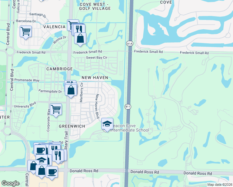 map of restaurants, bars, coffee shops, grocery stores, and more near 303 Marlberry Circle in Jupiter
