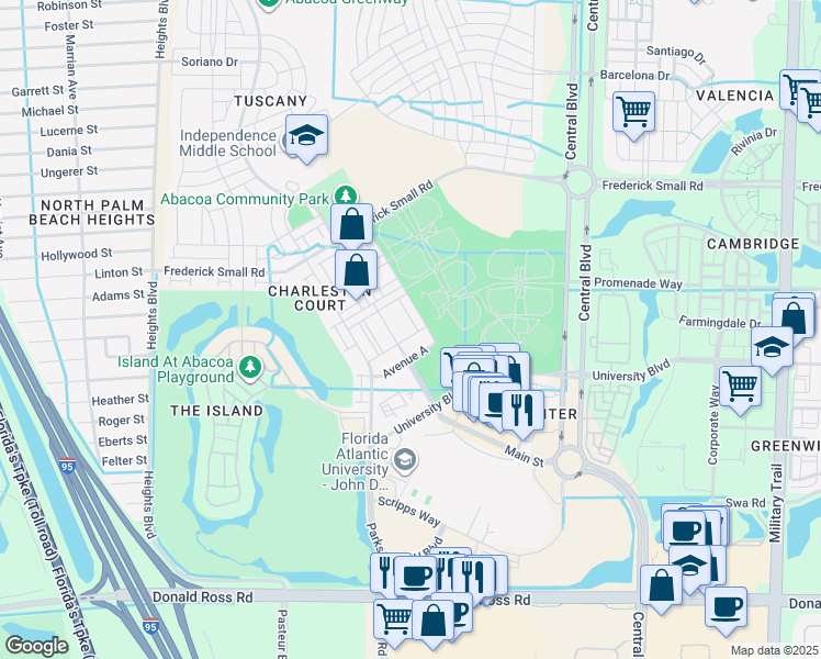 map of restaurants, bars, coffee shops, grocery stores, and more near 4524 Stadium Drive in Jupiter