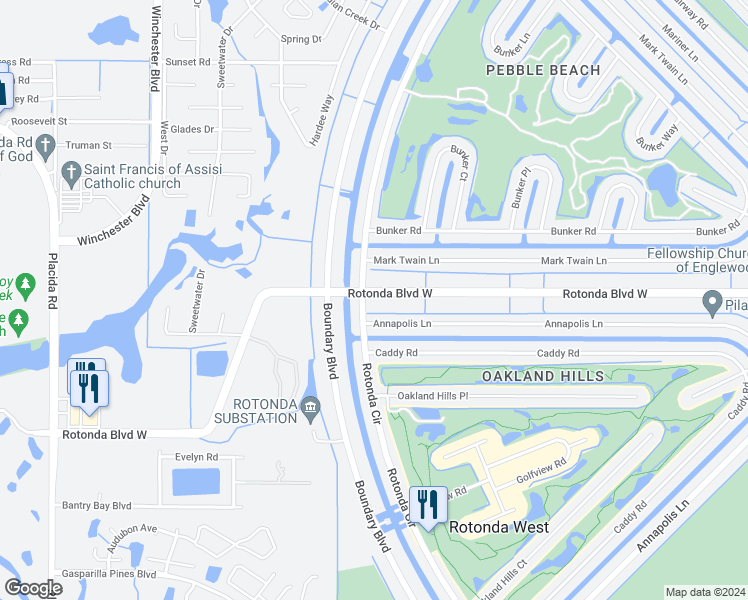map of restaurants, bars, coffee shops, grocery stores, and more near 289 Rotonda Boulevard West in Rotonda West
