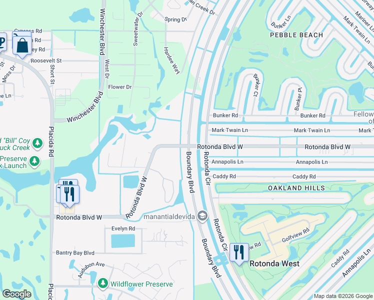 map of restaurants, bars, coffee shops, grocery stores, and more near 199 Boundary Boulevard in Rotonda West