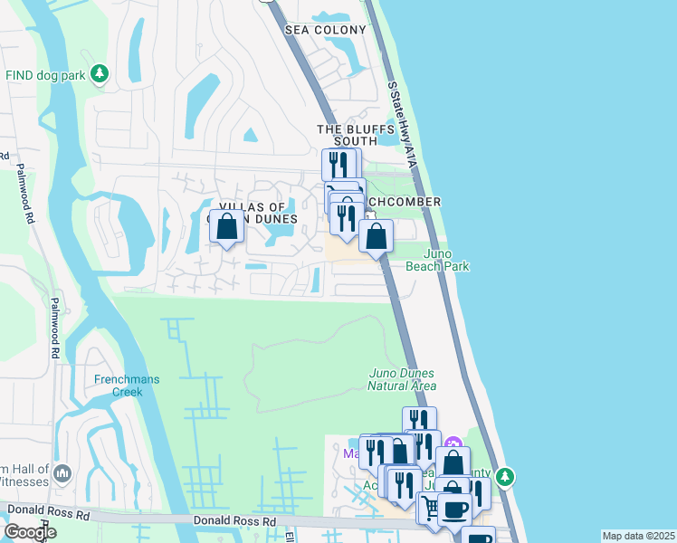 map of restaurants, bars, coffee shops, grocery stores, and more near 59 Juno Beach Mobil Home Condominium in Juno Beach