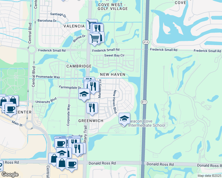 map of restaurants, bars, coffee shops, grocery stores, and more near 234 Juniper Way in Jupiter
