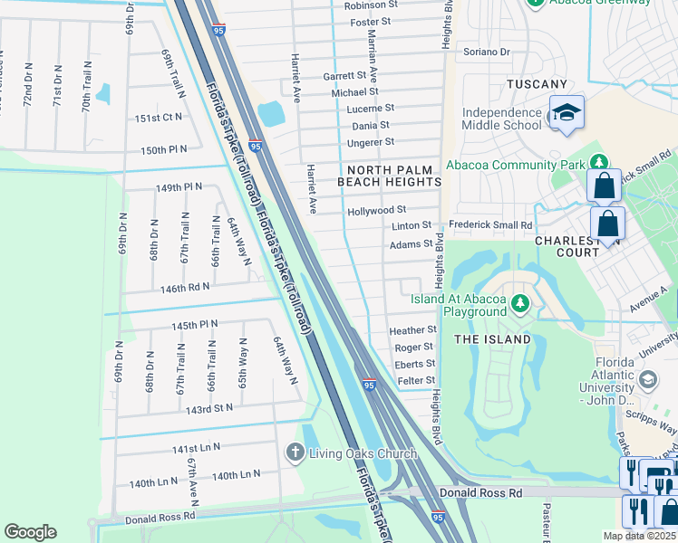 map of restaurants, bars, coffee shops, grocery stores, and more near 6296 Dimond Street in Jupiter