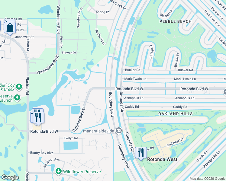 map of restaurants, bars, coffee shops, grocery stores, and more near 195 Boundary Boulevard in Rotonda West