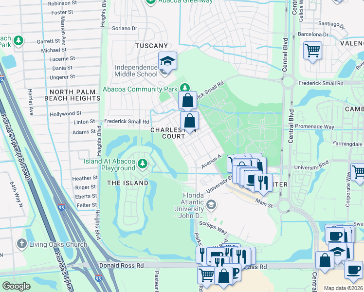 map of restaurants, bars, coffee shops, grocery stores, and more near 251 Murray Court in Jupiter