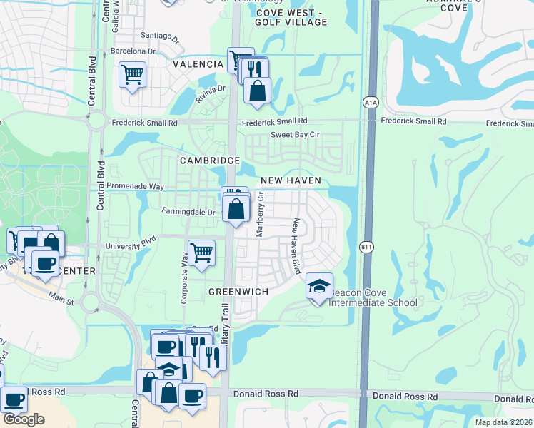 map of restaurants, bars, coffee shops, grocery stores, and more near 240 Poinciana Drive in Jupiter