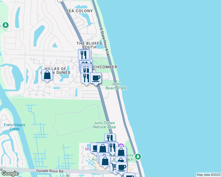 map of restaurants, bars, coffee shops, grocery stores, and more near 700 Ocean Royale in Juno Beach