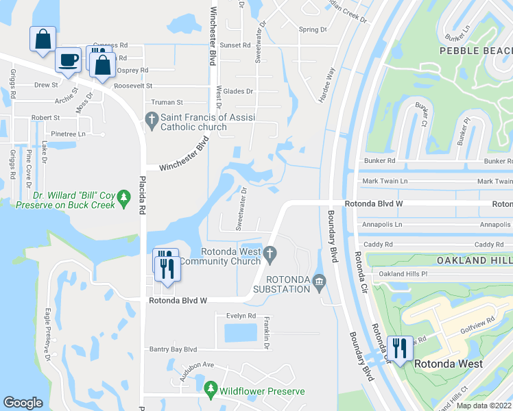 map of restaurants, bars, coffee shops, grocery stores, and more near 102 Natures Way in Rotonda West