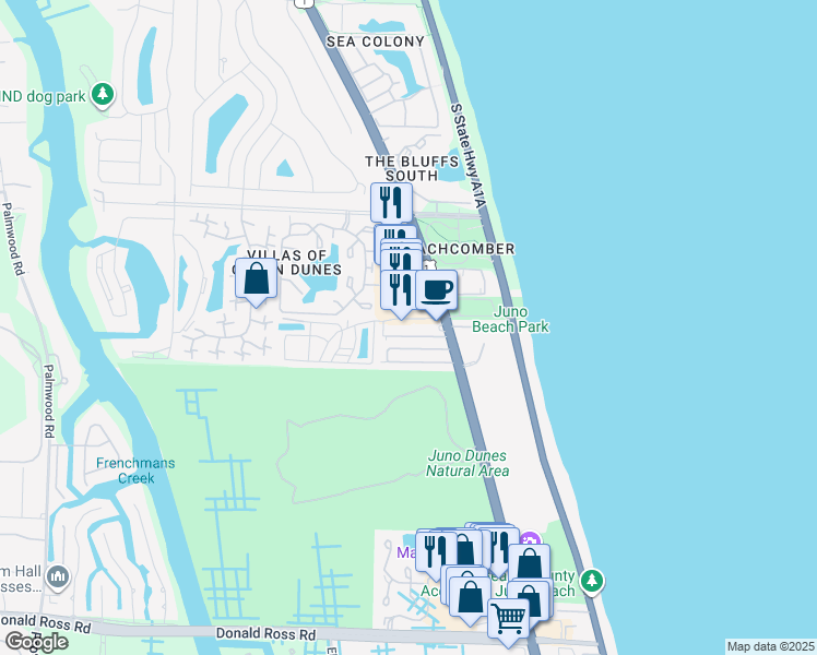 map of restaurants, bars, coffee shops, grocery stores, and more near 800 Juno Ocean Walk in Juno Beach