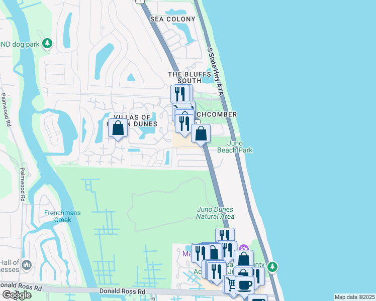 map of restaurants, bars, coffee shops, grocery stores, and more near 122 Ocean Breeze Drive in Juno Beach