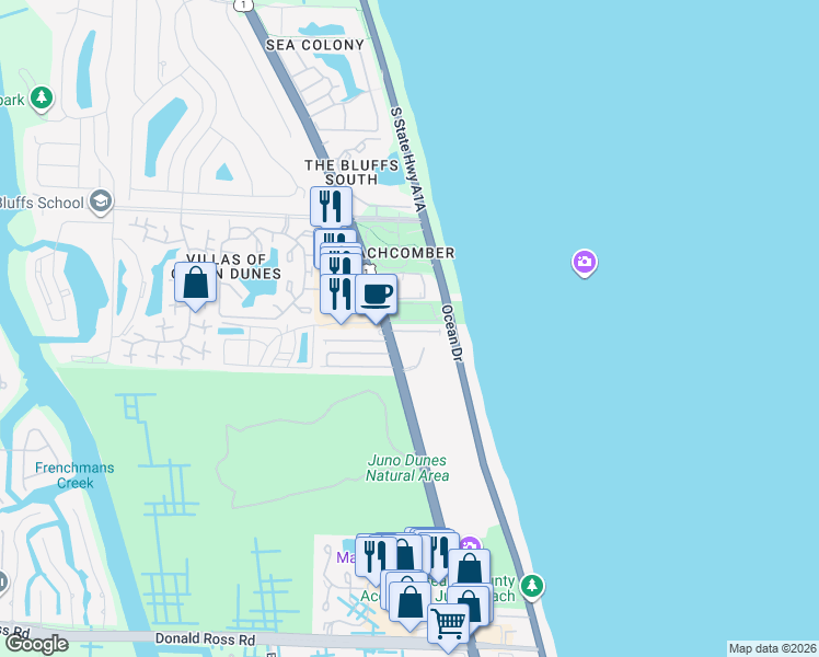 map of restaurants, bars, coffee shops, grocery stores, and more near 14661 U.S. 1 in Juno Beach