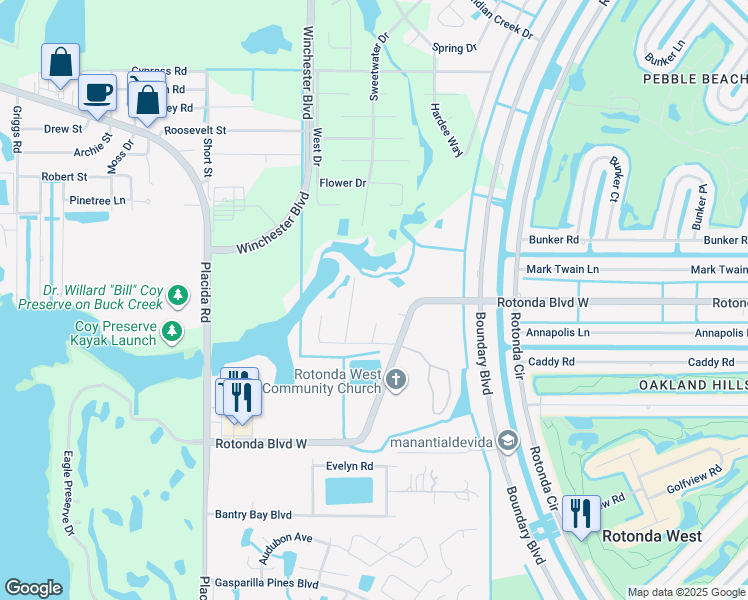 map of restaurants, bars, coffee shops, grocery stores, and more near 101 Natures Way in Rotonda West