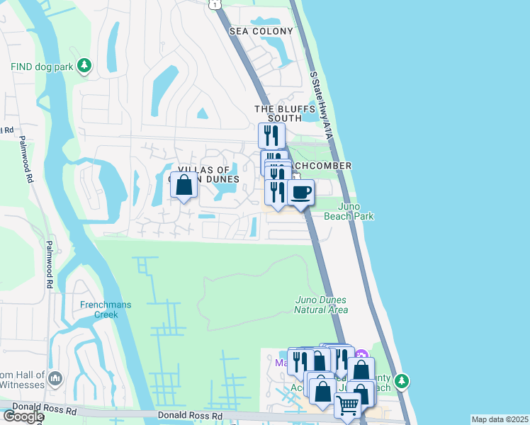 map of restaurants, bars, coffee shops, grocery stores, and more near 720 Ocean Dunes Circle in Jupiter