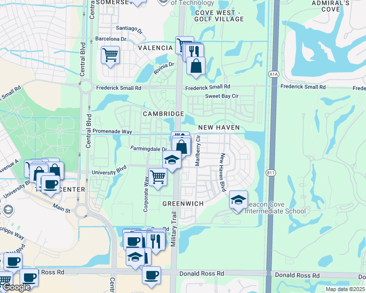 map of restaurants, bars, coffee shops, grocery stores, and more near 4455 Military Trail in Jupiter