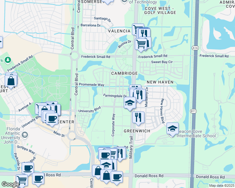 map of restaurants, bars, coffee shops, grocery stores, and more near 130 Peabody Drive in Jupiter