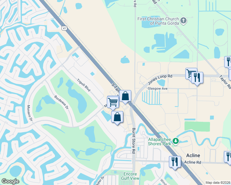 map of restaurants, bars, coffee shops, grocery stores, and more near 97607 Madrid Boulevard in Punta Gorda