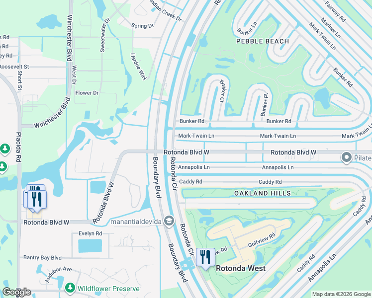 map of restaurants, bars, coffee shops, grocery stores, and more near 11 Mark Twain Lane in Rotonda West