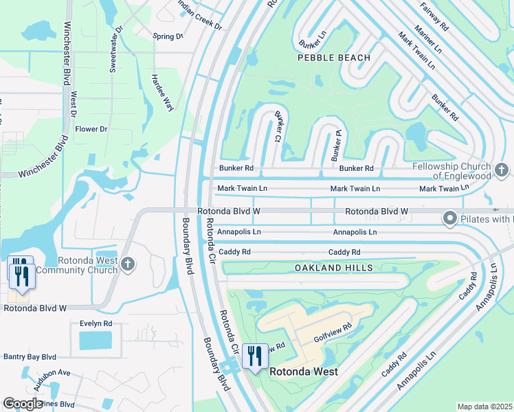 map of restaurants, bars, coffee shops, grocery stores, and more near 23 Mark Twain Lane in Rotonda West