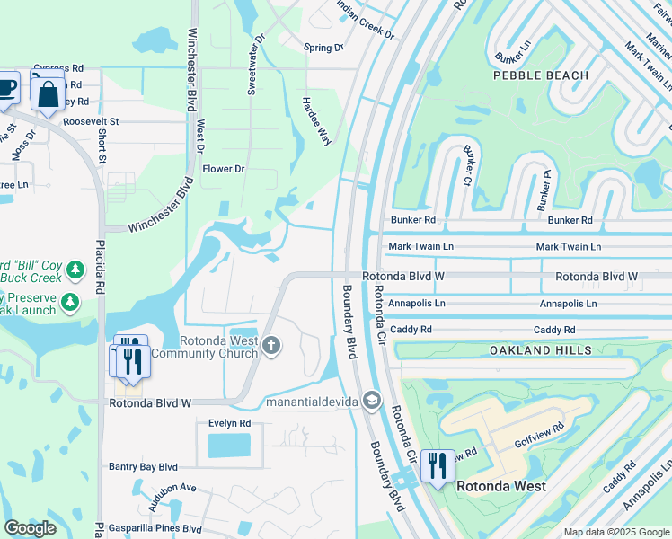 map of restaurants, bars, coffee shops, grocery stores, and more near 204A Boundary Boulevard in Rotonda West