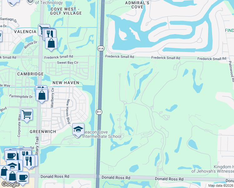 map of restaurants, bars, coffee shops, grocery stores, and more near 512 Bald Eagle Drive in Jupiter