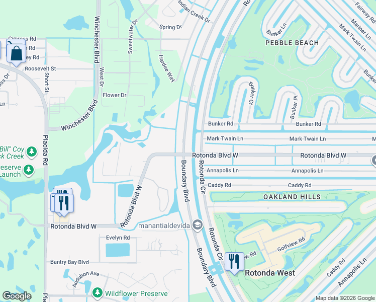 map of restaurants, bars, coffee shops, grocery stores, and more near 205 Boundary Boulevard in Rotonda West