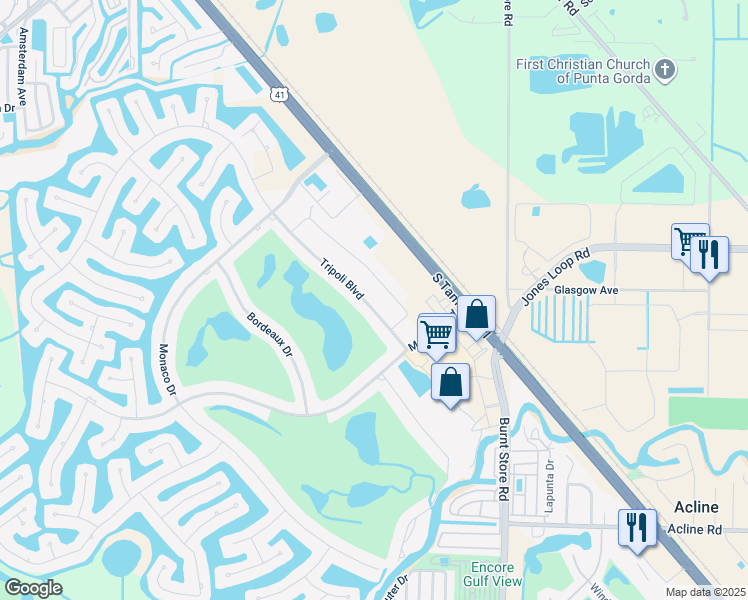 map of restaurants, bars, coffee shops, grocery stores, and more near 3805 Albacete Circle in Punta Gorda