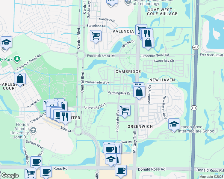 map of restaurants, bars, coffee shops, grocery stores, and more near 164 Milbridge Drive in Jupiter