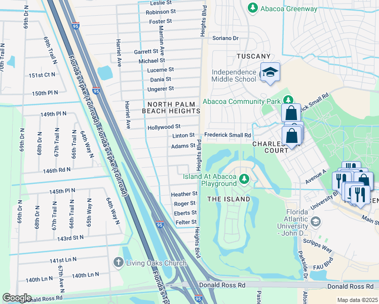 map of restaurants, bars, coffee shops, grocery stores, and more near 6026 Adams Street in Jupiter