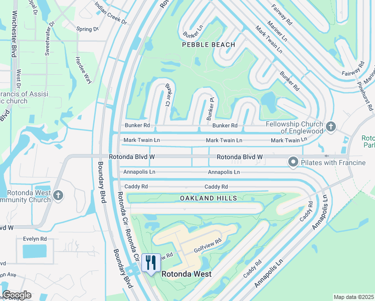 map of restaurants, bars, coffee shops, grocery stores, and more near 47 Mark Twain Lane in Rotonda West