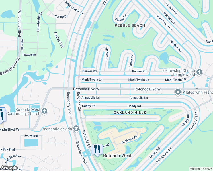 map of restaurants, bars, coffee shops, grocery stores, and more near 35 Mark Twain Lane in Rotonda West