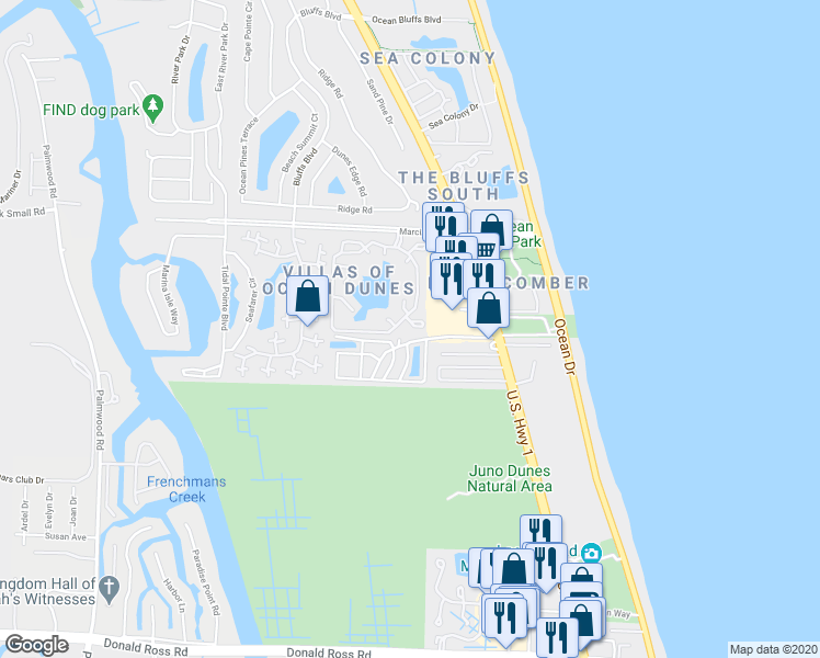map of restaurants, bars, coffee shops, grocery stores, and more near 706 Ocean Dunes Circle in Jupiter