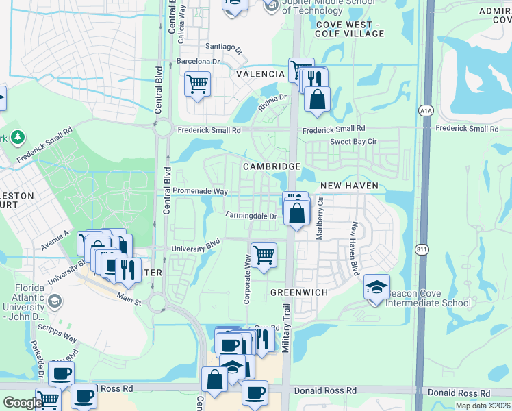 map of restaurants, bars, coffee shops, grocery stores, and more near 130 Peabody Drive in Jupiter