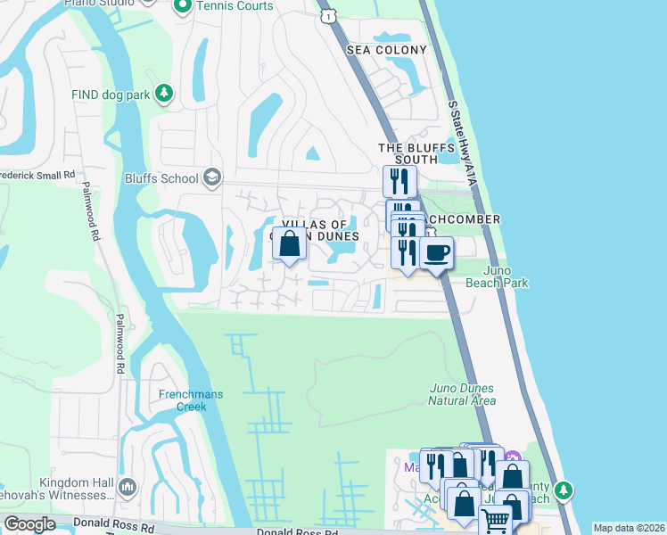 map of restaurants, bars, coffee shops, grocery stores, and more near 1111 Ocean Dunes Circle in Jupiter