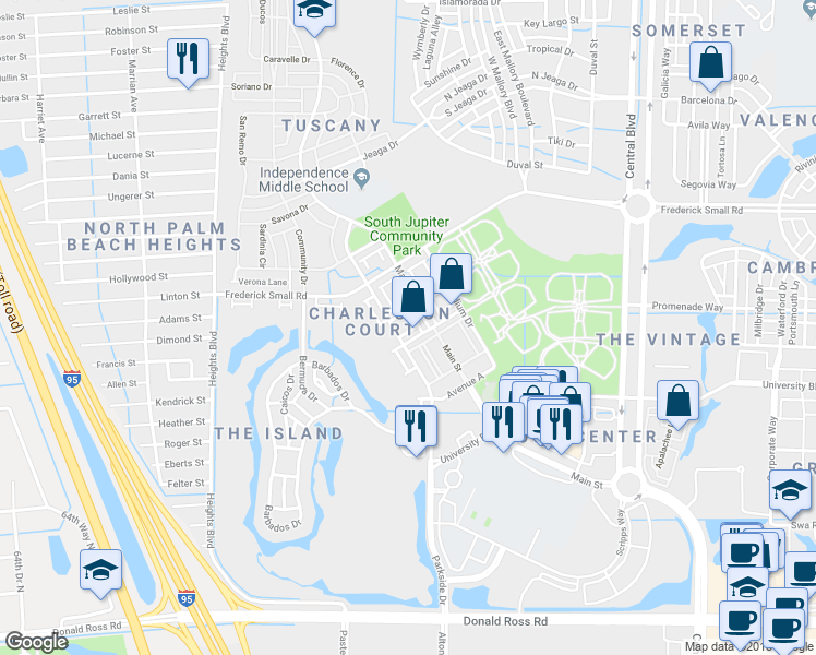 map of restaurants, bars, coffee shops, grocery stores, and more near 1541 Meads Bay Lane in Jupiter