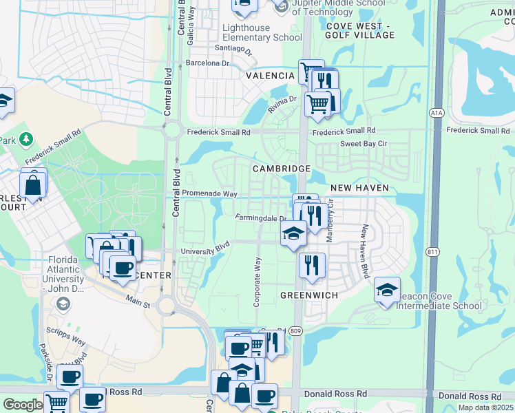 map of restaurants, bars, coffee shops, grocery stores, and more near 130 Peabody Drive in Jupiter