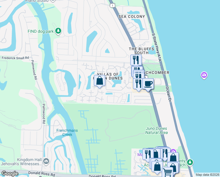 map of restaurants, bars, coffee shops, grocery stores, and more near 1111 Ocean Dunes Circle in Jupiter