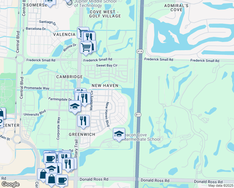 map of restaurants, bars, coffee shops, grocery stores, and more near 330 Lysiloma Lane in Jupiter