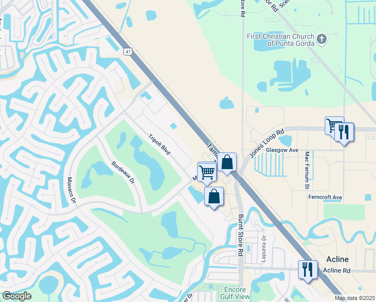 map of restaurants, bars, coffee shops, grocery stores, and more near 3810 Albacete Circle in Punta Gorda