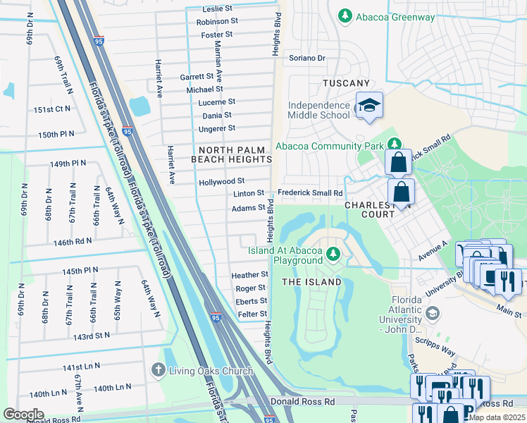 map of restaurants, bars, coffee shops, grocery stores, and more near 6026 Adams Street in Jupiter