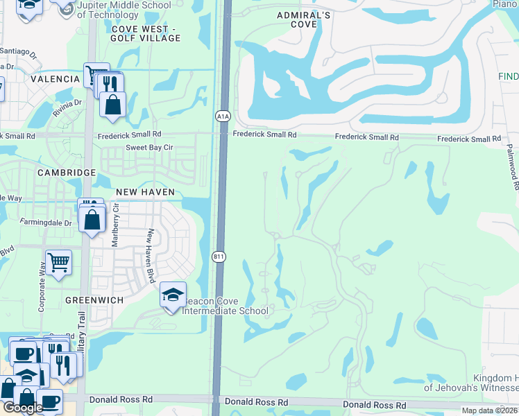 map of restaurants, bars, coffee shops, grocery stores, and more near 512 Bald Eagle Dr in Jupiter
