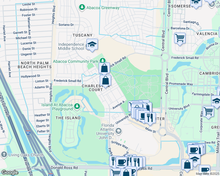 map of restaurants, bars, coffee shops, grocery stores, and more near 1504 East Main Street in Jupiter