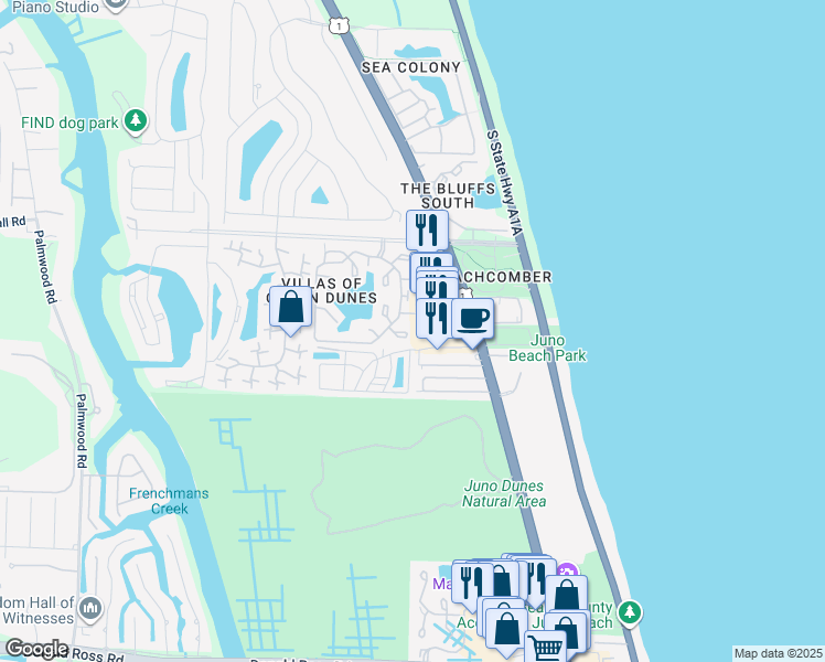 map of restaurants, bars, coffee shops, grocery stores, and more near 719 Ocean Dunes Circle in Jupiter