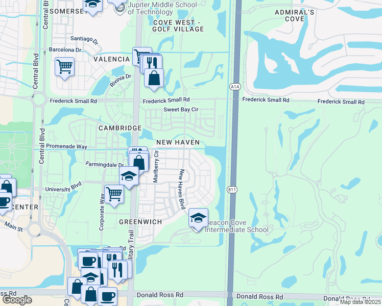 map of restaurants, bars, coffee shops, grocery stores, and more near 330 Lysiloma Lane in Jupiter