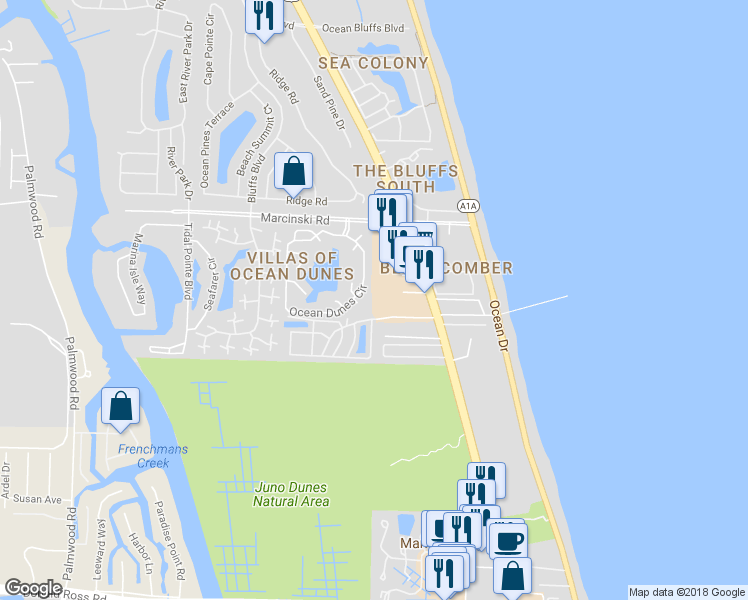 map of restaurants, bars, coffee shops, grocery stores, and more near 720 Ocean Dunes Circle in Jupiter