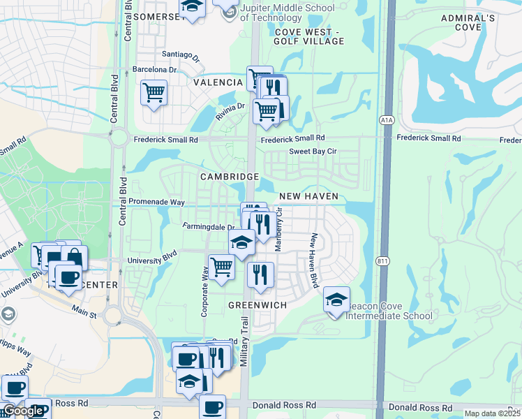 map of restaurants, bars, coffee shops, grocery stores, and more near 4455 Military Trail in Jupiter