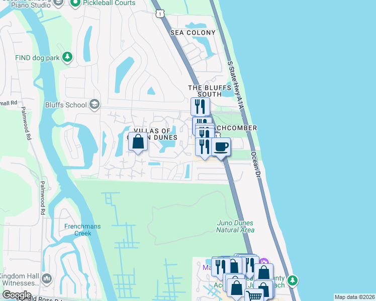 map of restaurants, bars, coffee shops, grocery stores, and more near 726 Ocean Dunes Circle in Jupiter